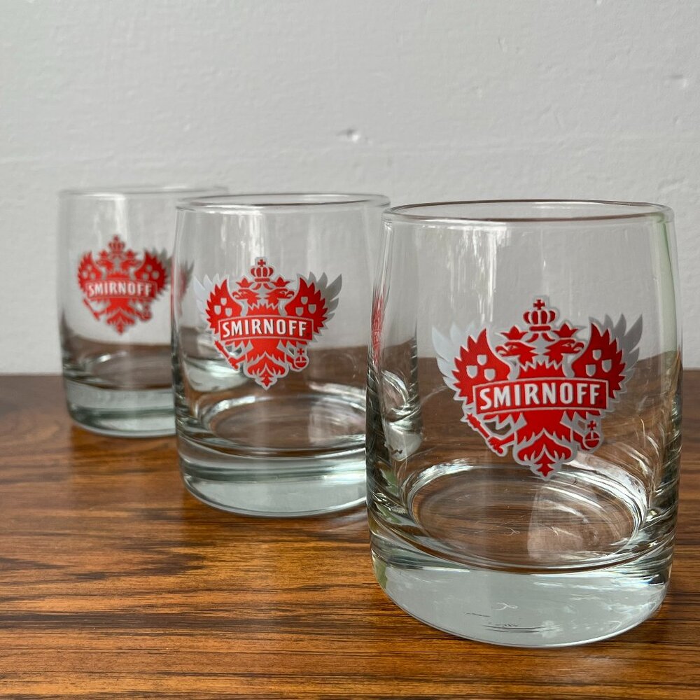 Set of 3 Smirnoff Vodka Lowball Glasses Luminarc France Heavy Base Rocks Barware